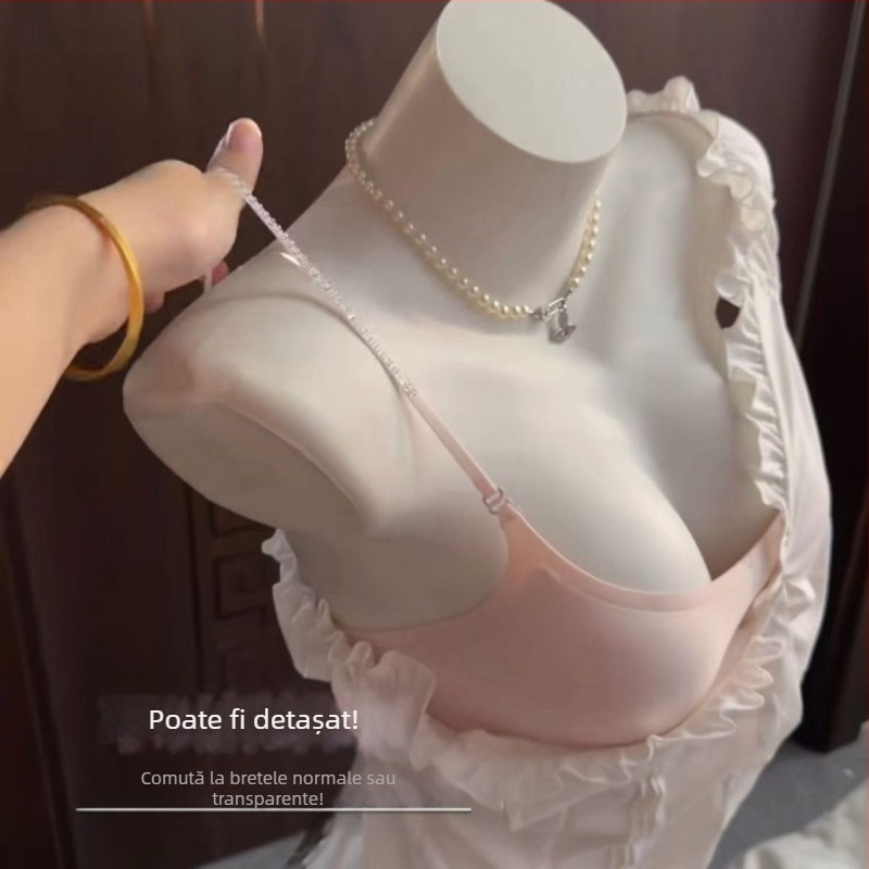Sutien fără cusături, cu decolteu adânc și bretele subțiri, pentru sâni mici, cu efect de ridicare și modelare a spatelui.