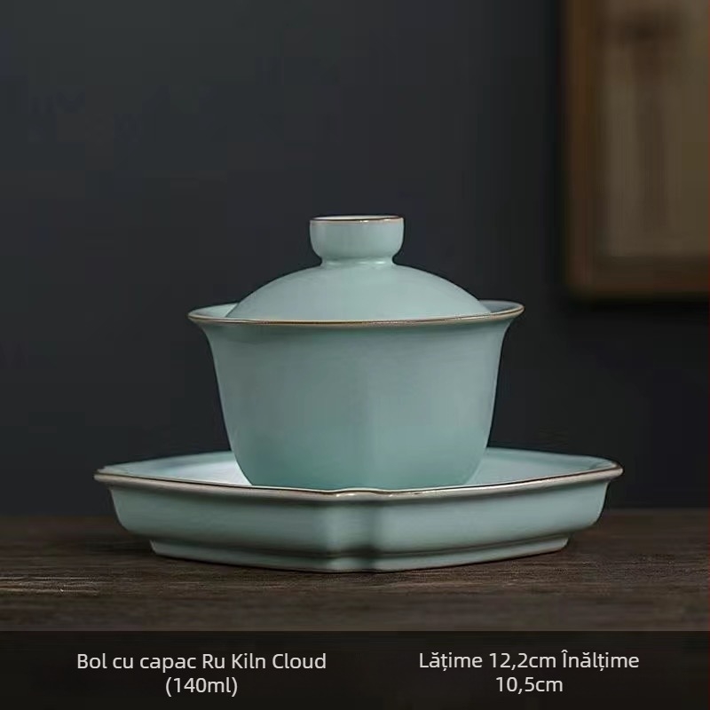 Set ceai cu bol cu capac Celadon sancai Ru, porțelan Ru Gongfu