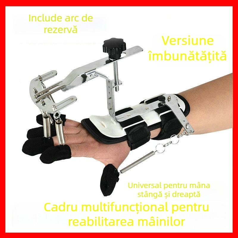 Dispozitiv de reabilitare pentru dexteritatea degetelor și forța prinderii, cadru cu arc și placă pentru degete