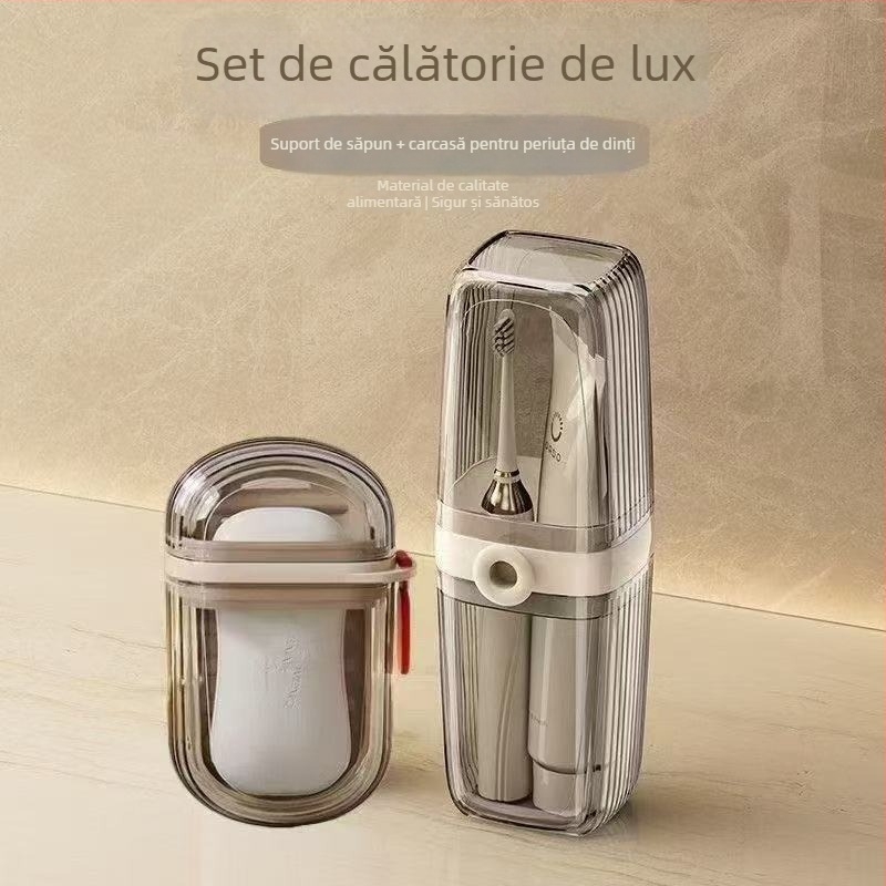 Set de călătorie: cană pentru clătire a gurii, cutie de săpun, suport pentru periuța de dinți și cutie de pastă de dinți
