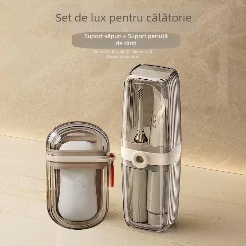 Set de călătorie: cană pentru clătire a gurii, cutie de săpun, suport pentru periuța de dinți și cutie de pastă de dinți