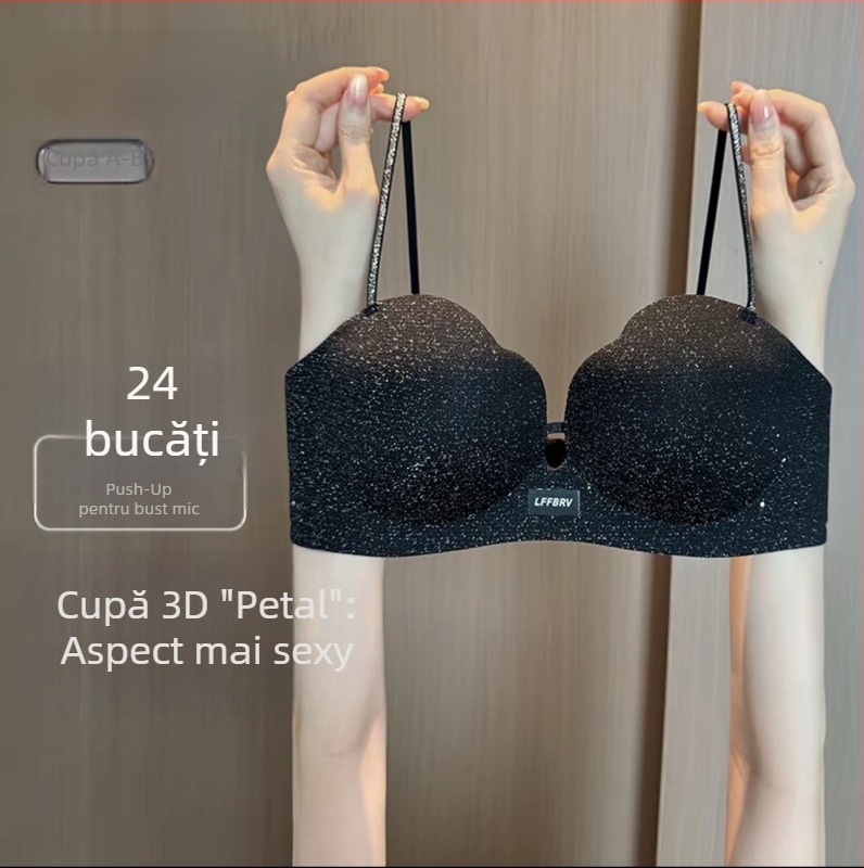 Sutien push-up pentru un bust mic, suport moale, bretele subțiri lucioase, fără arc, modelare laterală a sânilor