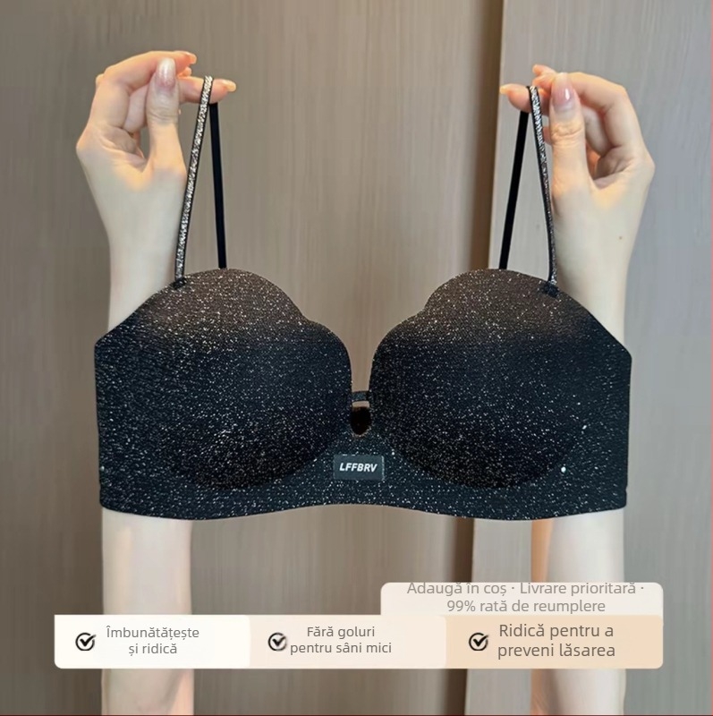 Sutien push-up pentru un bust mic, suport moale, bretele subțiri lucioase, fără arc, modelare laterală a sânilor