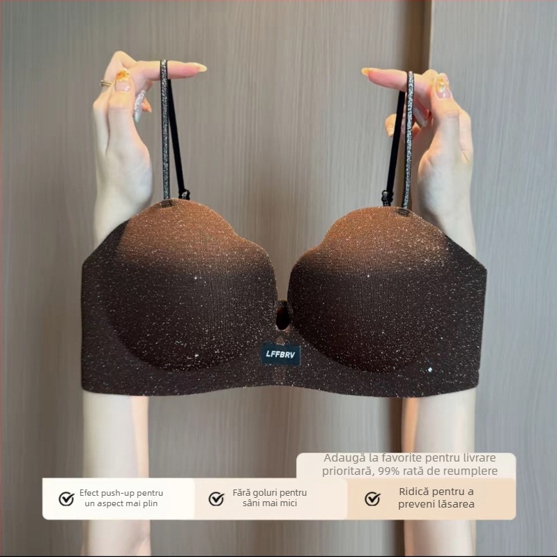 Sutien push-up pentru un bust mic, suport moale, bretele subțiri lucioase, fără arc, modelare laterală a sânilor