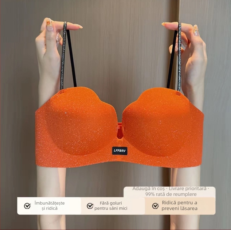 Sutien push-up pentru un bust mic, suport moale, bretele subțiri lucioase, fără arc, modelare laterală a sânilor