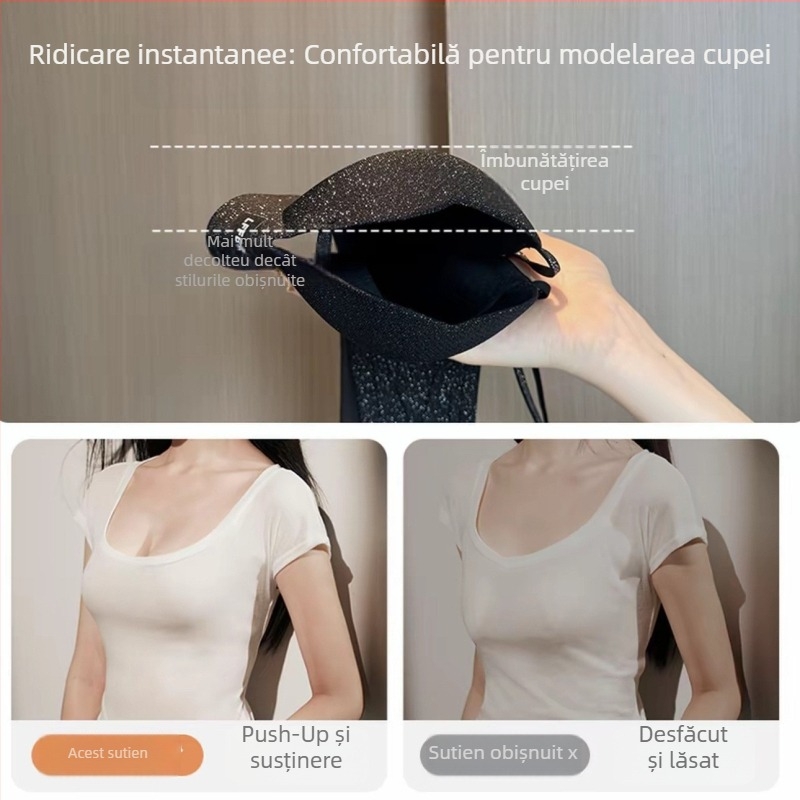 Sutien push-up pentru un bust mic, suport moale, bretele subțiri lucioase, fără arc, modelare laterală a sânilor