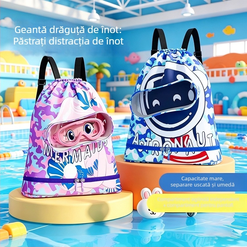 Geantă de plajă impermeabilă pentru copii, cu compartiment pentru încălțăminte și separare uscat/umed, compactă și ușoară
