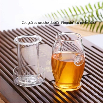 Set de ceai din sticlă rezistentă la temperaturi, ceainic și cești cu motiv pinguin, infuzor pentru flori și plante aromatice