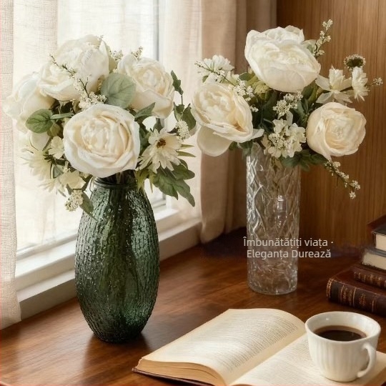Buchet de flori artificiale cu bujori, crizanteme mici și trandafiri crem, pentru fotografie și decorarea meselor hotelului