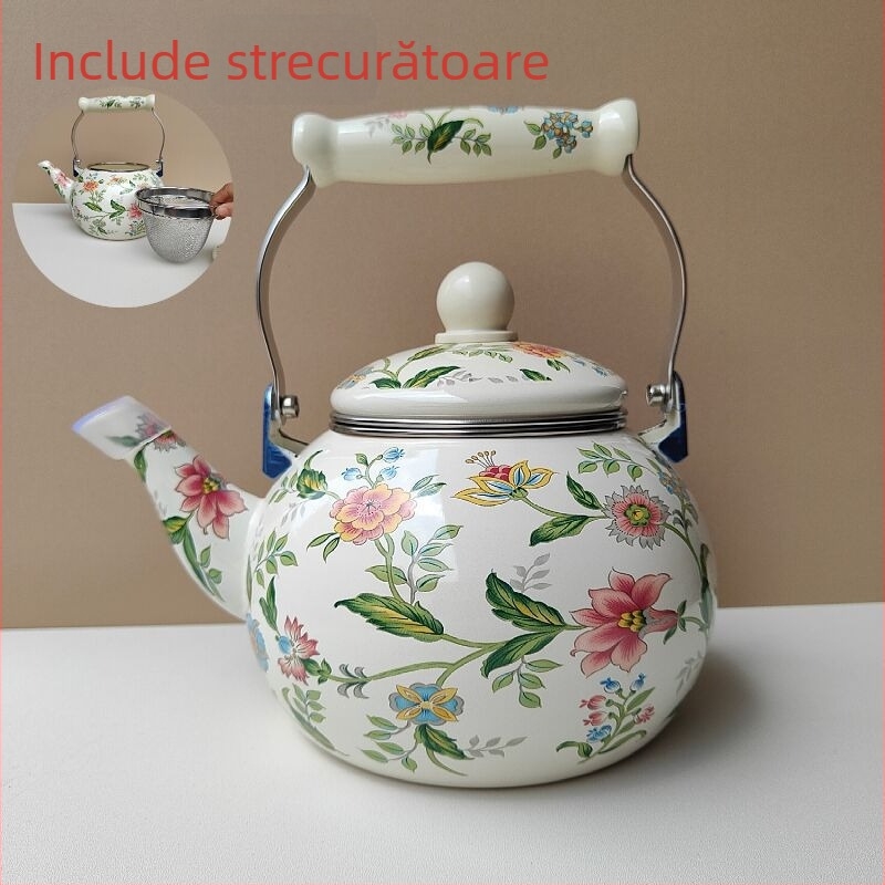 Ceainier emailat cu model floral pentru fierberea apei, prepararea cafelei și ceaiului cu flori, compatibil cu flacără deschisă și plită cu inducție, utilizare în exterior, stil boem retro