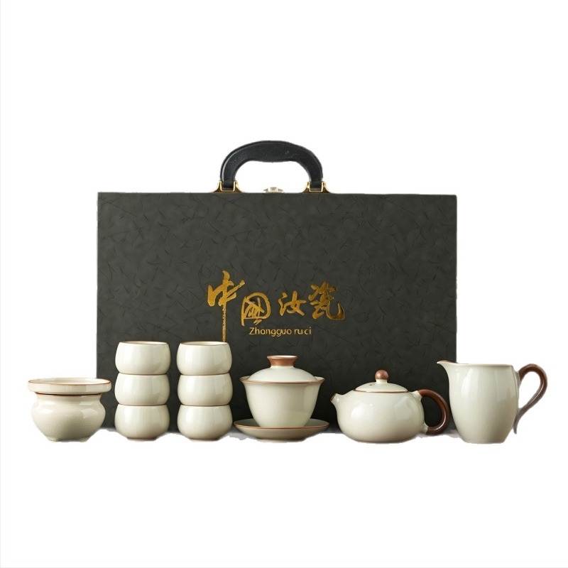 Set Gongfu ceai din porțelan cu ceainic şi ceşti, cutie cadou bej, cadou de afaceri premium