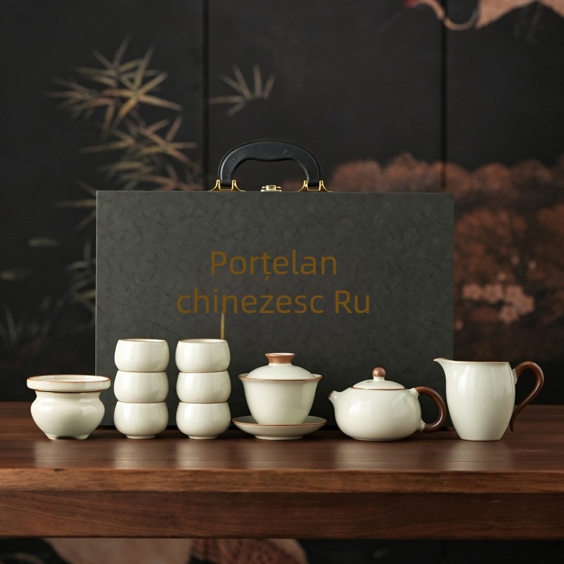Set Gongfu ceai din porțelan cu ceainic şi ceşti, cutie cadou bej, cadou de afaceri premium