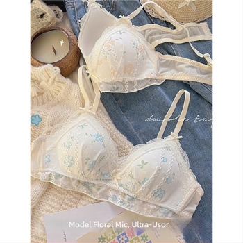 Sutien franțuzesc subțire, fără sârmă, pentru sâni mici, cu imprimeu floral, susținere, anti-cădere