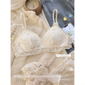 Sutien franțuzesc subțire, fără sârmă, pentru sâni mici, cu imprimeu floral, susținere, anti-cădere