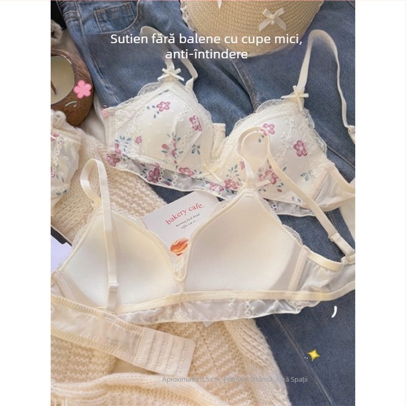 Sutien franțuzesc subțire, fără sârmă, pentru sâni mici, cu imprimeu floral, susținere, anti-cădere