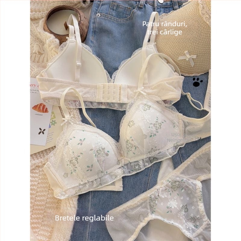 Sutien franțuzesc subțire, fără sârmă, pentru sâni mici, cu imprimeu floral, susținere, anti-cădere