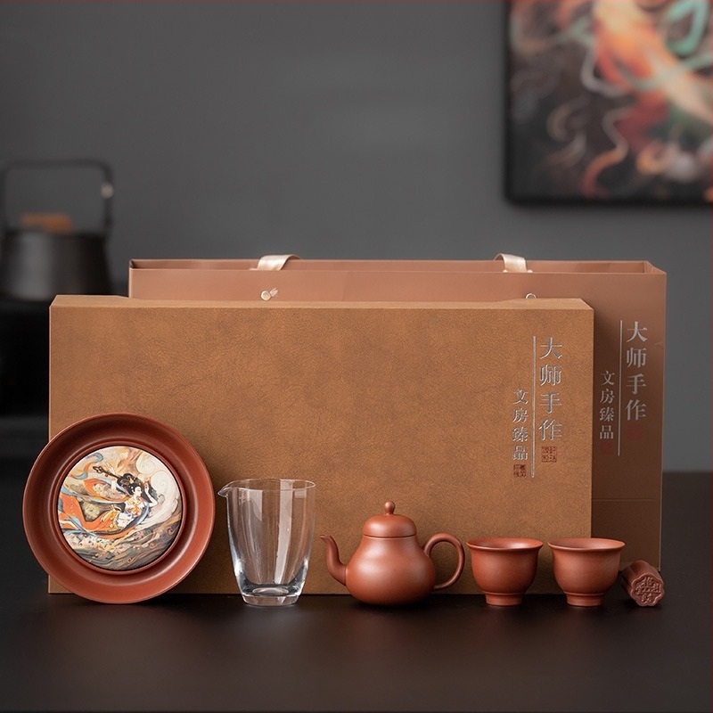 Set ceainic din lut mov cu ceainic în formă de pară, Dahongpao ceainic, set Kung Fu, cutie cadou