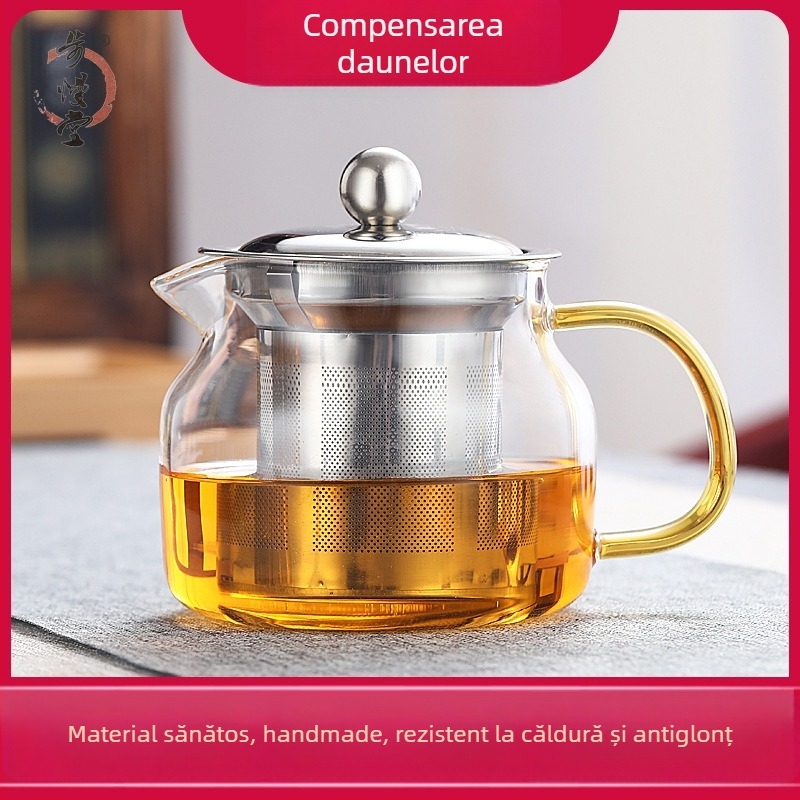 Ceainic din sticlă rezistent la temperaturi înalte, infuzor din oțel inoxidabil, set Gongfu cu farfurioară și ceașcă, mâner colorat.
