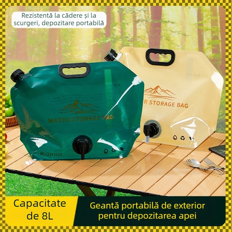 Sac de apă exterior de 8L, mare capacitate, rezistent la cădere și scurgeri, portabil, pliabil pentru camping
