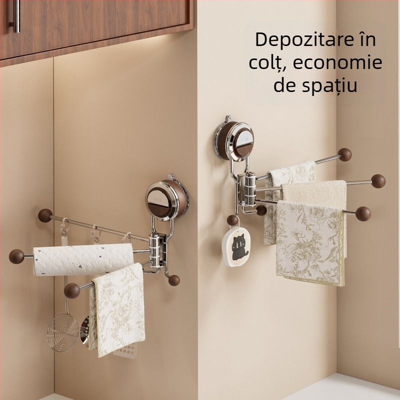 Organizator de bucătărie cu ventuză din oțel inoxidabil pentru cârpe, rolă de hârtie de bucătărie și tacâmuri, cu suport rotativ pentru drenaj