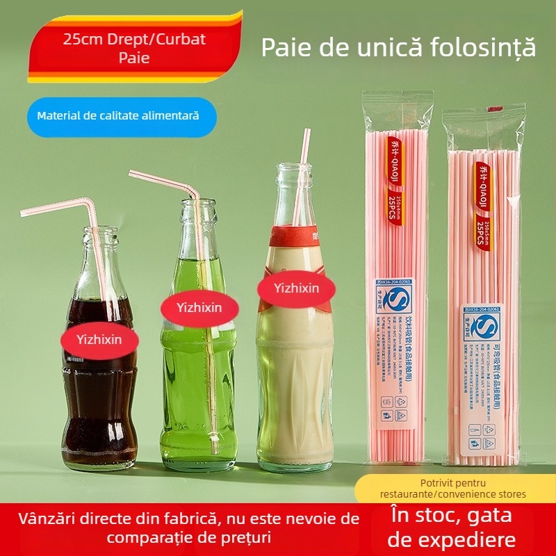 Paie din plastic de unică folosință, cu dungi colorate, formă de cot pentru băuturi — en-gros