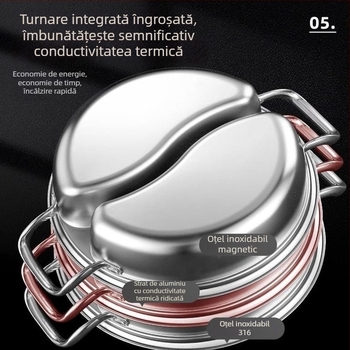 Oală pentru hot pot din oțel inoxidabil 316, de calitate alimentară, cu două compartimente, design monobloc, potrivită pentru plite cu inducție și gaz.