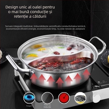 Oală pentru hot pot din oțel inoxidabil 316, de calitate alimentară, cu două compartimente, design monobloc, potrivită pentru plite cu inducție și gaz.