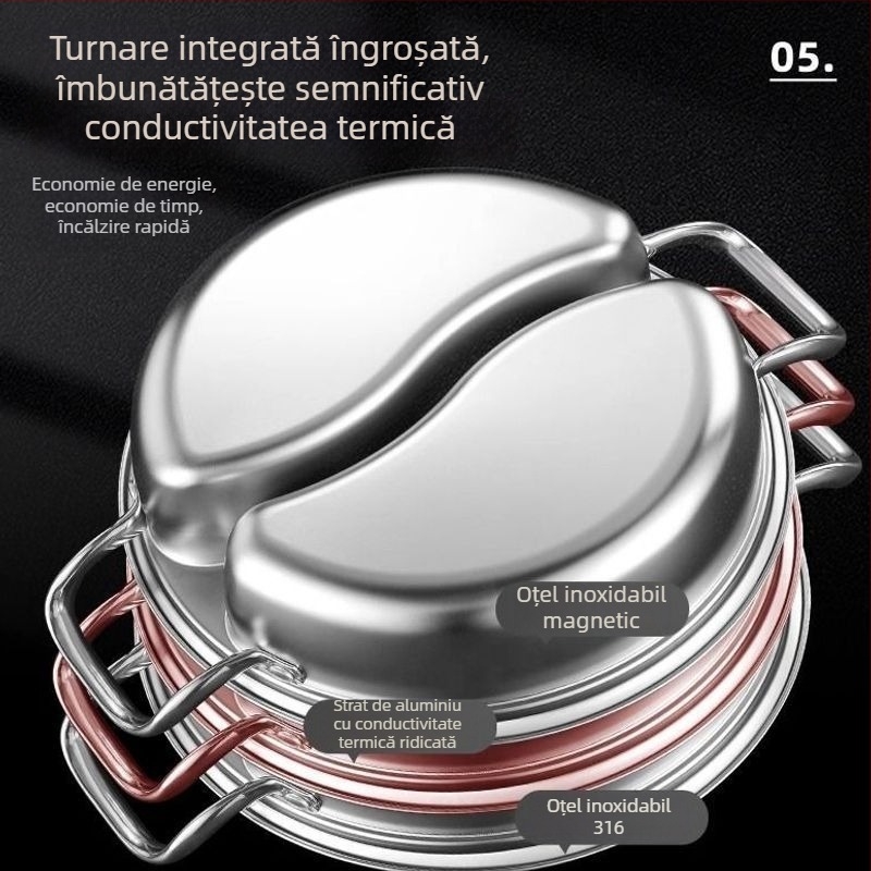 Oală pentru hot pot din oțel inoxidabil 316, de calitate alimentară, cu două compartimente, design monobloc, potrivită pentru plite cu inducție și gaz.