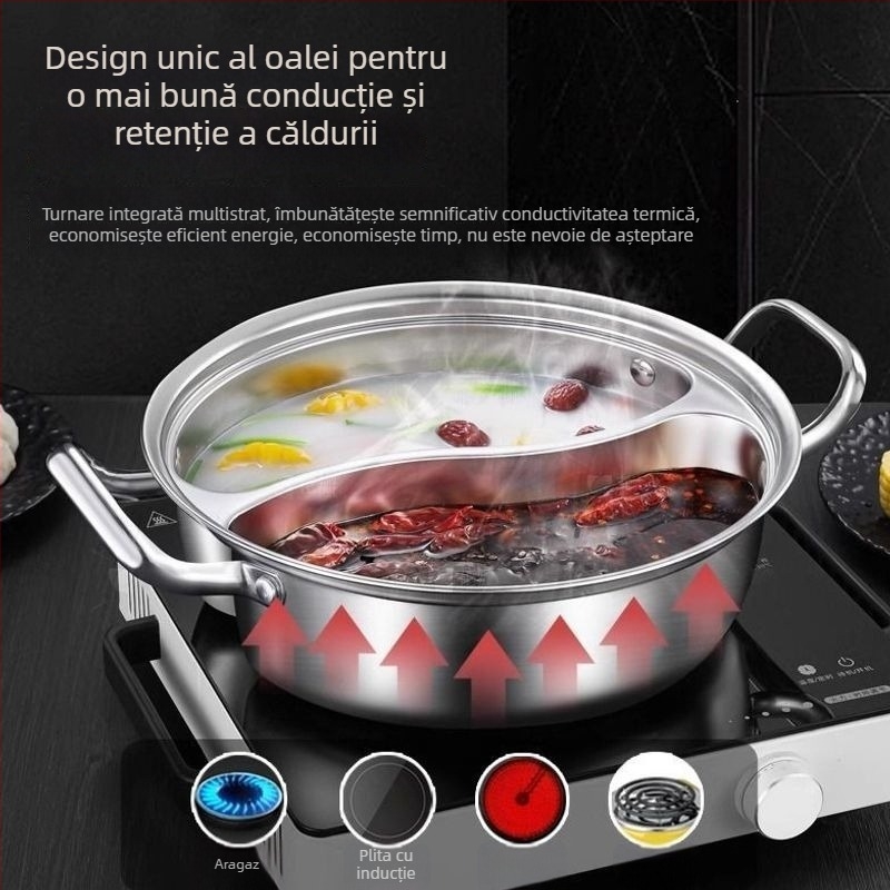 Oală pentru hot pot din oțel inoxidabil 316, de calitate alimentară, cu două compartimente, design monobloc, potrivită pentru plite cu inducție și gaz.