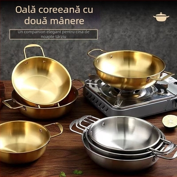 Oală coreeană pentru fructe de mare din oțel inoxidabil, cu două mânere, oală pentru supă și ramen, oală aurie pentru tăiței instant, mică, compatibilă cu inducția