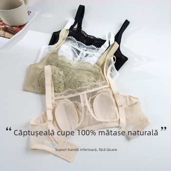 Tangge Sutien din mătase cu cupă în formă de urechi de iepure, fără bretele, bordură din dantelă de mătase