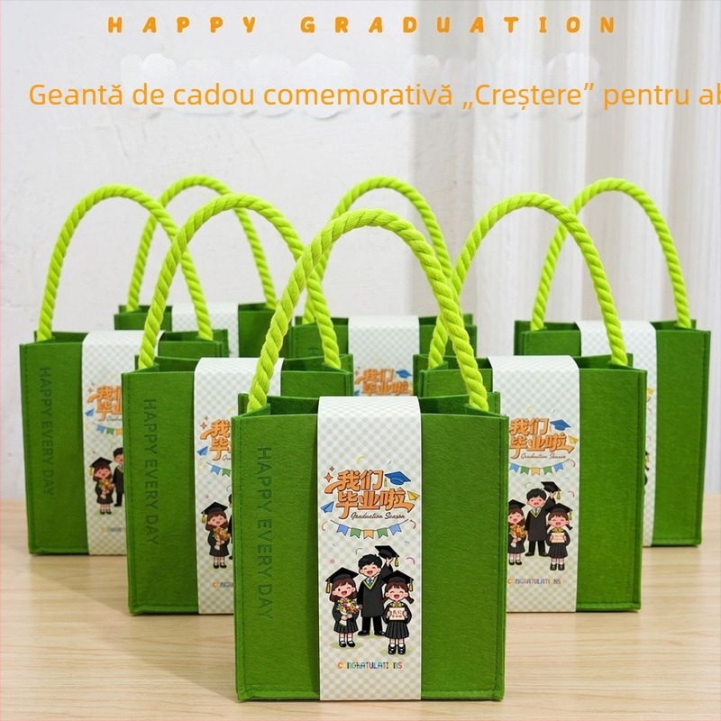 Geantă verde din fetru, amintire de la absolvirea grădiniței, destinată distribuirii între clasele primare și gimnaziale, dimensiuni aproximative 25 cm lungime x 10 cm lățime x 22 cm înălțime