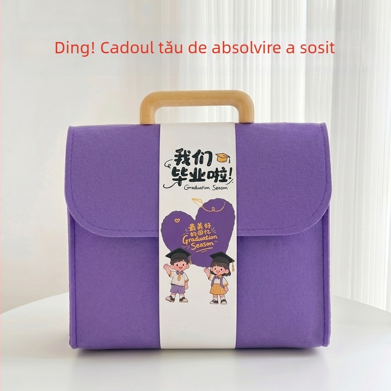 Geantă verde din fetru, amintire de la absolvirea grădiniței, destinată distribuirii între clasele primare și gimnaziale, dimensiuni aproximative 25 cm lungime x 10 cm lățime x 22 cm înălțime