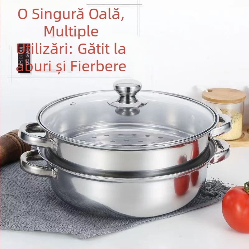 Oală de abur din oțel inoxidabilă 28 cm, oală dublu nivel pentru aburi, multifuncțională pentru supe și hot pot, compatibilă cu inducția, capac din sticlă