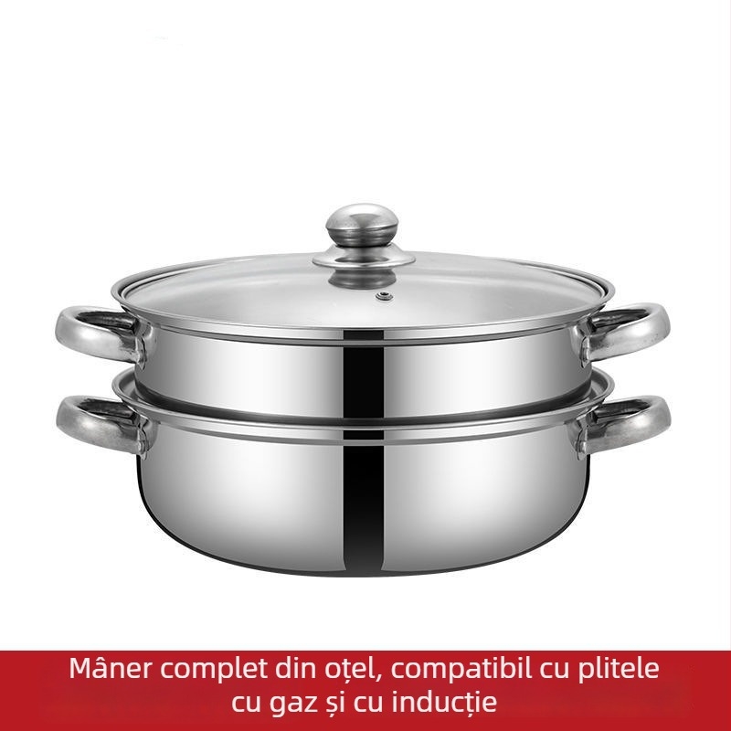 Oală de abur din oțel inoxidabilă 28 cm, oală dublu nivel pentru aburi, multifuncțională pentru supe și hot pot, compatibilă cu inducția, capac din sticlă