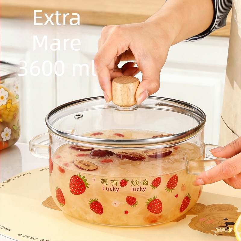 Oală de supă din sticlă borosilicată, 3600 ml, capacitate ultra mare, rezistentă la temperaturi înalte, potrivită pentru flacără deschisă, uz casnic, design simplu