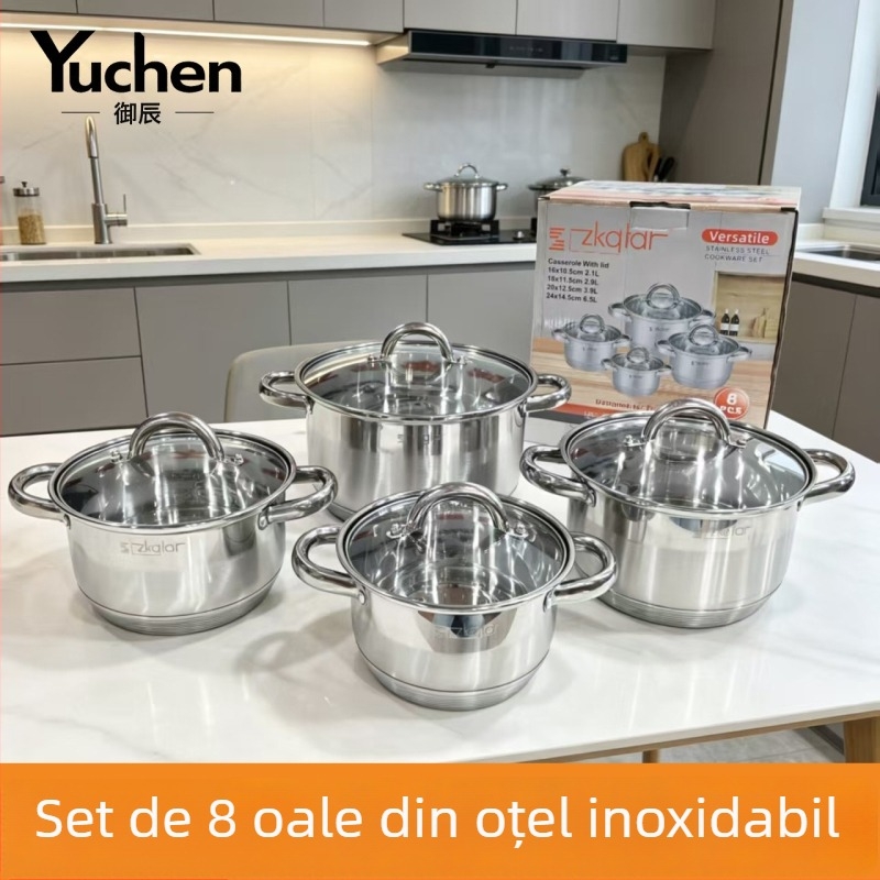 Set de 8 oale de supă din oțel inoxidabil, fund gros, mâneri duble, vase de bucătărie
