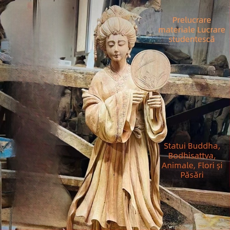 Set de statui religioase din lemn, sculptate și vopsite: Buddha și Bodhisattva, figuri cu animale, flori și păsări – decorațiuni