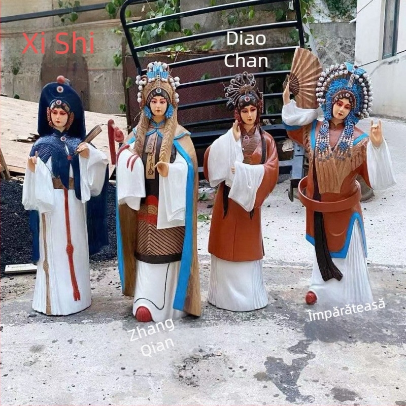 Set de statui religioase din lemn, sculptate și vopsite: Buddha și Bodhisattva, figuri cu animale, flori și păsări – decorațiuni