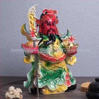Statuie Buddha din porțelan alb, cu Zeul Bogăției și Guan Gong, decor de birou