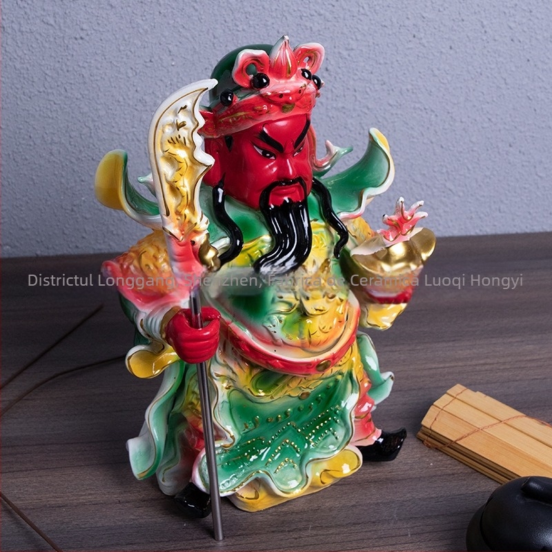 Statuie Buddha din porțelan alb, cu Zeul Bogăției și Guan Gong, decor de birou