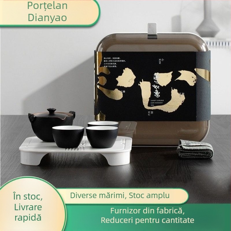 Set ceramic de ceai cu o oală și trei cești, finisaj sand-glazed, ideal ca cadou de afaceri, depozitare compactă