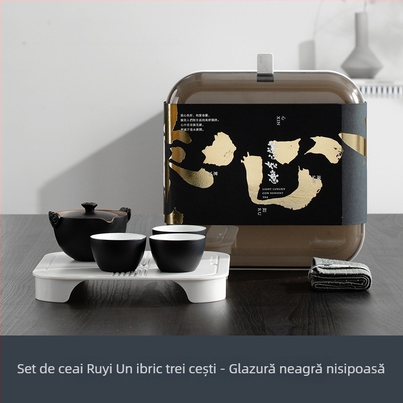 Set ceramic de ceai cu o oală și trei cești, finisaj sand-glazed, ideal ca cadou de afaceri, depozitare compactă