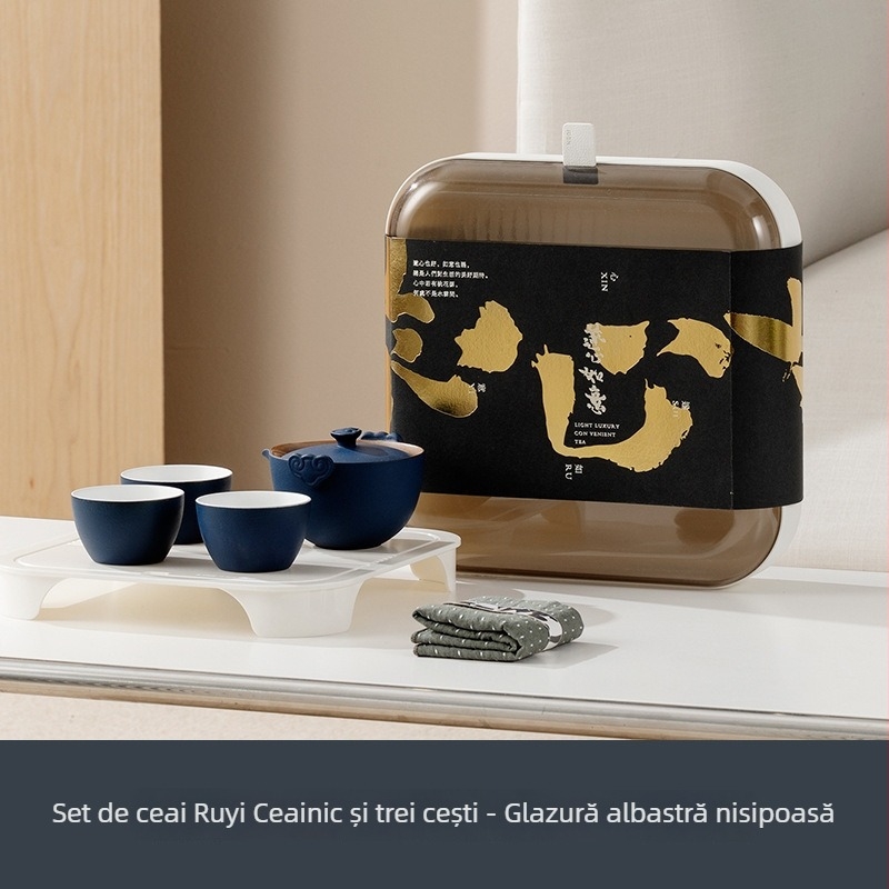 Set ceramic de ceai cu o oală și trei cești, finisaj sand-glazed, ideal ca cadou de afaceri, depozitare compactă