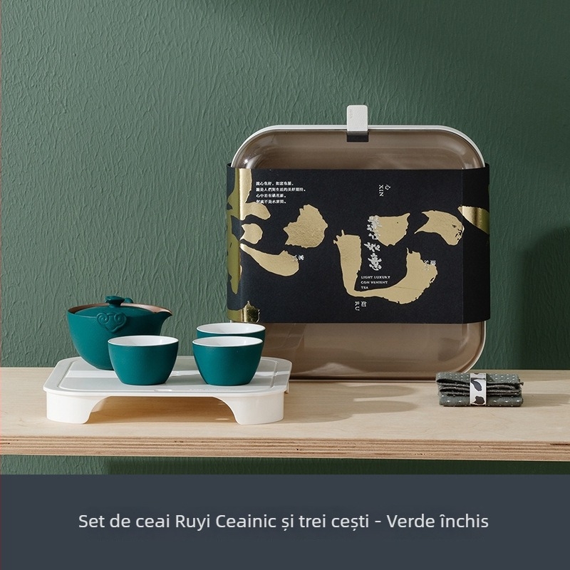 Set ceramic de ceai cu o oală și trei cești, finisaj sand-glazed, ideal ca cadou de afaceri, depozitare compactă