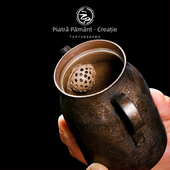 Ceainic ceramic cu glazură aurie, pereți subțiri, ceramică brută, cu filtru pentru ceai — set Kung Fu pentru ceai