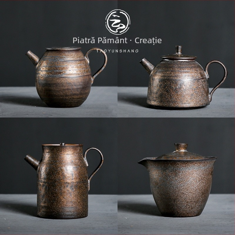 Ceainic ceramic cu glazură aurie, pereți subțiri, ceramică brută, cu filtru pentru ceai — set Kung Fu pentru ceai