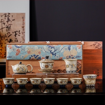 Set premium de ceai Kung Fu pentru uz casnic, porțelan albastru-alb cu capac roșu și cești într-o cutie cadou