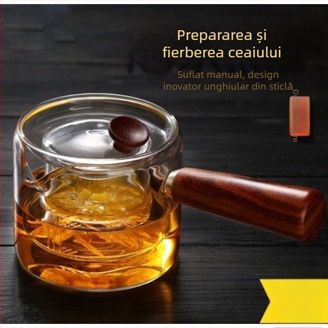 Ceainic din sticlă rezistentă la căldură cu mâner lateral, design anti-arzire, pentru uz casnic, cu filtru, stil modern simplu, pentru până la 6 porții