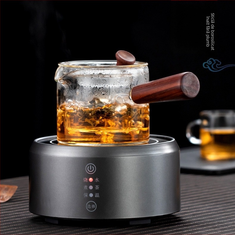 Ceainic din sticlă rezistentă la căldură cu mâner lateral, design anti-arzire, pentru uz casnic, cu filtru, stil modern simplu, pentru până la 6 porții
